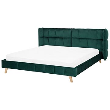 Bed Frame Emerald Green Velvet Tufted Upholstery Light Wood Legs Eu Super King Size 6ft Slatted With Adjustable Wingback Headboard Beliani