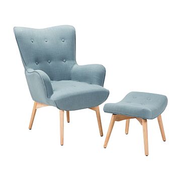 Wingback Chair With Ottoman Light Blue Fabric Buttoned Retro Style Beliani