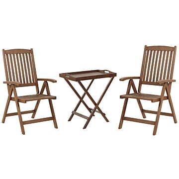 Garden Bistro Set Dark Solid Acacia Wood Table 2 Chairs Adjustable Backrest Folding Rustic Style Balcony Furniture Beliani