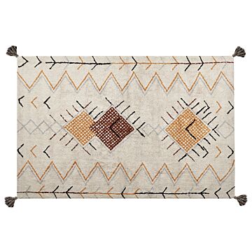 Area Rug Beige Cotton 140 X 200 Cm Rectangular With Tassels Geometric Pattern Boho Oriental Style Beliani