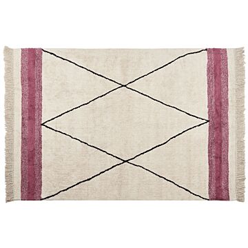 Area Rug Beige And Pink Cotton 160 X 230 Cm Rectangular With Tassels Geometric Pattern Boho Style Beliani