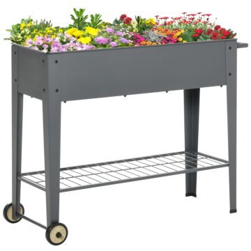 Outsunny Raised Garden Bed With Wheels, Mobile Planter Flower Box With Bottom Shelf Grey, 104 X 39 X 80cm