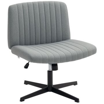 Homcom Armless Office Chair No Wheels, Linen Fabric Criss Cross Legged Desk Chair With Wide Seat, Thick Padding, Tilt Function, Height Adjustable Swivel Computer Seat For Home, Grey