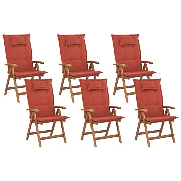 Set Of 6 Garden Chairs Light Acacia Wood With Red Cushions Folding Feature Uv Resistant Rustic Style Beliani