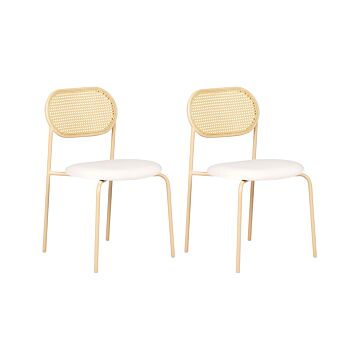 Set Of 2 Dining Chairs Light Wood Effect Metal Frame Beige Fabric Seat Viennese Braid Backrest Retro Seating Beliani