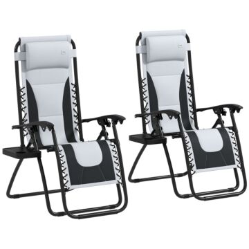 Outsunny Zero Gravity Lounger Chair Set Of 2, Folding Reclining Patio Chair With Padded Seat, Cup Holder, Soft Cushion And Headrest For Poolside, Camping, Grey