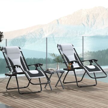 Outsunny Zero Gravity Lounger Chair Set Of 2, Folding Reclining Patio Chair With Padded Seat, Cup Holder, Soft Cushion And Headrest For Poolside, Camping, Grey