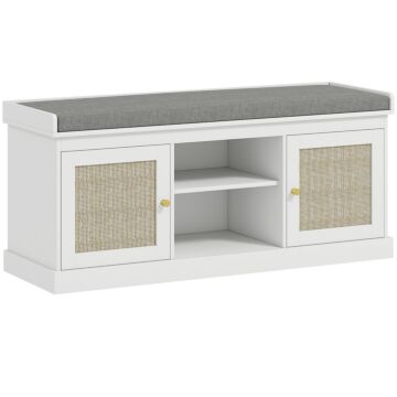 Homcom Boho Shoe Storage Bench With Padded Cushion And Rattan Doors - White