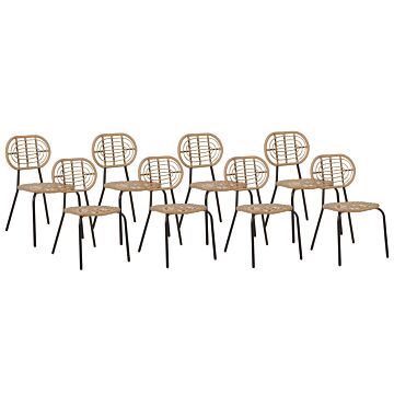 Set Of 8 Chairs Natural Pe Rattan Black Steel Frame Braided Backrest And Seat Boho Design Beliani