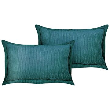 Set Of 2 Teal Decorative Pillows Corduroy 47 X 27 Cm Modern Traditional Living Room Bedroom Cushions Beliani