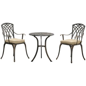 Outsunny 3 Piece Cast Aluminium Garden Bistro Set For 2 With Parasol Hole, Outdoor Coffee Table Set With Cushions - Bronze