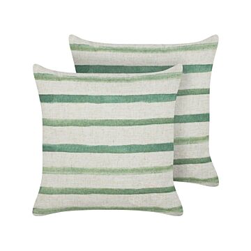 Set Of 2 Decorative Cushions Green And Beige Striped Pattern 45 X 45 Cm Modern Boho Decor Accessories Beliani