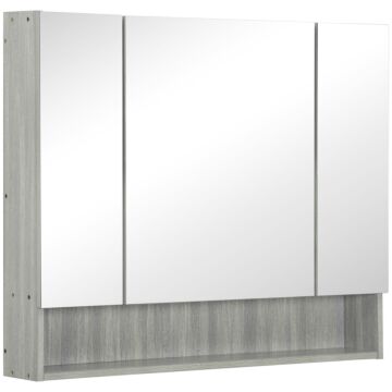 Kleankin Bathroom Mirror Cabinet, Wall Mounted Storage Cabinet With Adjustable Shelves, 3 Doors And Cupboards, Grey