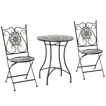 Outsunny 3 Pcs Mosaic Tile Garden Bistro Set Outdoor Seating W/ Table 2 Folding Chairs Set Metal Frame Elegant Scrolling Indoor Patio Balcony