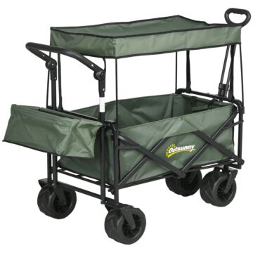Outsunny Folding Trolley Cart Storage Wagon Beach Trailer 4 Wheels With Handle Overhead Canopy Cart Push Pull For Camping, Green