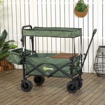 Outsunny Folding Trolley Cart Storage Wagon Beach Trailer 4 Wheels With Handle Overhead Canopy Cart Push Pull For Camping, Green