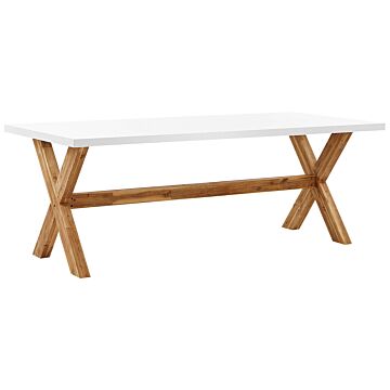 Outdoor Dining Table White Concrete Tabletop Light Wooden Legs Acacia 8 People Capacity 200 X 100 Cm Beliani