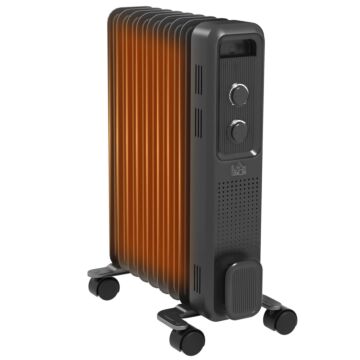 Homcom 2000w Oil Filled Radiator, 9 Fin, Portable Electric Heater With 3 Heat Settings, Safety Cut-off And Wheels, Grey