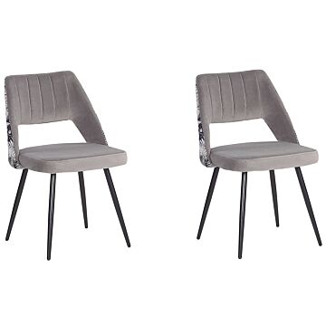 Set Of 2 Dining Chairs Grey Velvet Seat Black Metal Legs Cut-out Back Floral Pattern Beliani