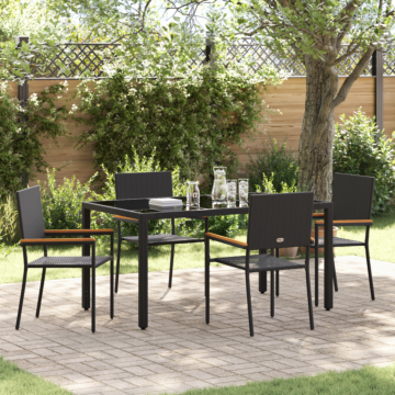 Vidaxl 5 Piece Garden Dining Set Black Poly Rattan, Vidaxl Stacking Garden Chairs With Cushions - 2 Piece Set In Black Poly Rattan