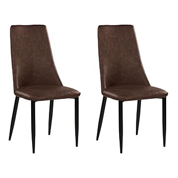 Set Of 2 Dining Chairs Brown Faux Leather Upholstered Seat High Back Beliani