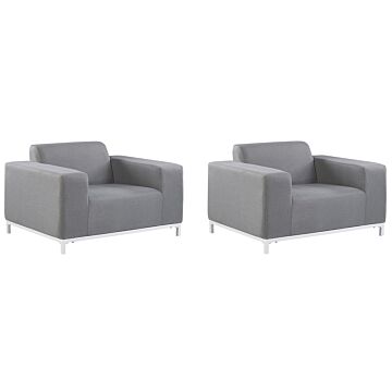 Set Of 2 Garden Armchairs Grey Fabric Upholstery White Aluminium Legs Indoor Outdoor Furniture Weather Resistant Outdoor Beliani