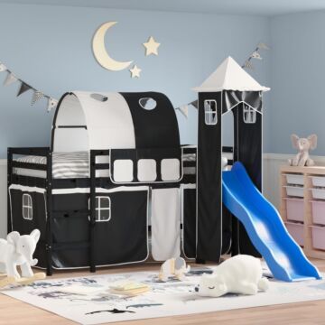Vidaxl Kids' Loft Bed With Tower White&black 90x200cm Solid Wood Pine