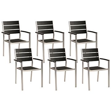 Set Of 6 Dining Garden Chairs Black Plastic Wood Slatted Back Aluminium Frame Outdoor Chairs Set Beliani