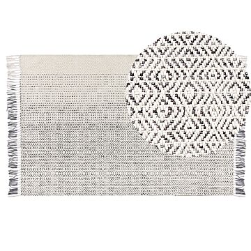 Rug White And Grey Wool Cotton 140 X 200 Cm Hand Woven Flat Weave With Tassels Beliani