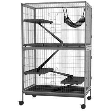 Pawhut Small Animal Cage For Chinchilla Ferret Kitten On Wheels With Hammock Removable Tray, Silver Grey