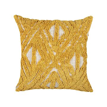 Scatter Cushion Yellow Cotton 45 X 45 Cm Geometric Pattern Slub Tufted Embroidered Removable Covers With Filling Boho Style Beliani