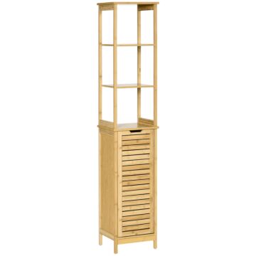 Kleankin Bathroom Floor Cabinet With 3 Shelves And Cupboard, Slim And Freestanding Organiser, Tallboy With Storage, Natural