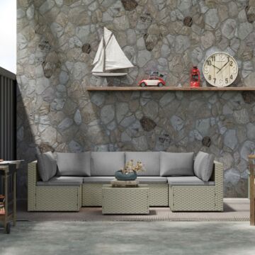 Outsunny 7 Pieces Rattan Garden Furniture Set, 6 Seater Garden Corner Sofa With Wide Seat, Cushions And Glass Top Table, Sectional Outdoor Furniture Conservatory Set For Patio, Light Brown