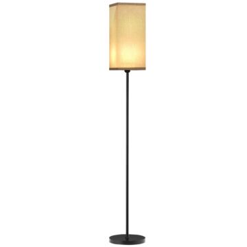 Homcom Floor Lamp, Modern Standing Lamp With Linen Shade, Tall Lamps For Living Room, Bedroom, With Foot Switch, Bulb Not Included, Black