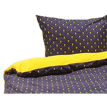 Duvet Cover And 2 Pillowcases Set Dark Blue And Yellow Cotton Blend 155 X 220 Cm Modern Bedroom Beliani