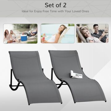 Outsunny Set Of 2 S-shaped Foldable Lounge Chair Sun Lounger Reclining Outdoor Chair For Patio Beach Garden Grey