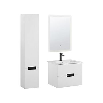 3 Piece Bathroom Furniture Set White Mdf With Ceramic Basin Wall Mount Vanity Tall Cabinet Rectangular Led Mirror Beliani
