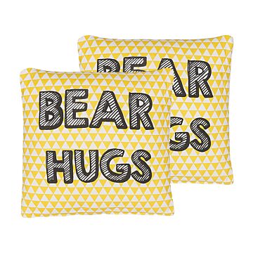 Set Of 2 Kids Cushions Yellow Cotton 40 X 40 Cm Bear Hugs Print Triangle Pattern Square Shape Children Room Beliani