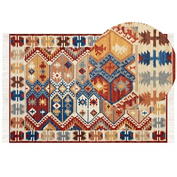 Kilim Area Rug Multicolour Wool 160 X 230 Cm Hand Woven Flat Weave Pattern With Tassels Traditional Living Room Bedroom Beliani