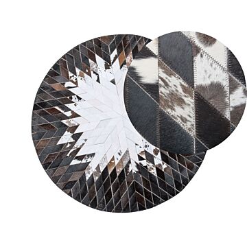Rug Black And White Leather 140 Cm Modern Patchwork Hand Woven Round Carpet Beliani