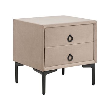 Bedside Table Taupe Velvet Black Metal Legs With 2 Storage Drawers Nightstand Beliani