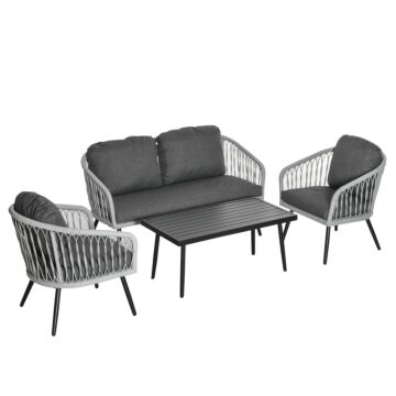 Outsunny 5-seater Garden Pe Rattan Sofa Set W/ Single Cushioned Sofas, Loveseat, Coffee Table And Adjustable Foot Pads, Grey