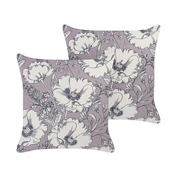 Set Of 2 Decorative Cushions Grey Off-white Polyester 45 X 45 Cm Flower Motif Modern Glamour Decor Beliani