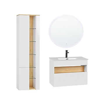 3 Piece Bathroom Furniture Set White Mdf With Ceramic Basin Wall Mount Vanity Tall Cabinet Round Led Mirror Beliani
