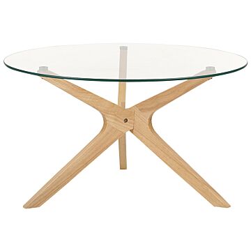 Coffee Table Light Wood Tempered Glass Tabletop Rubberwood Legs Ø 80 Cm Round Modern Living Room Beliani
