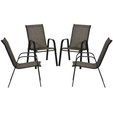 Outsunny 4 Piece Stackable Outdoor Garden Dining Chairs With High Backrest And Armrest, Breathable Mesh Fabric, Mixed Brown