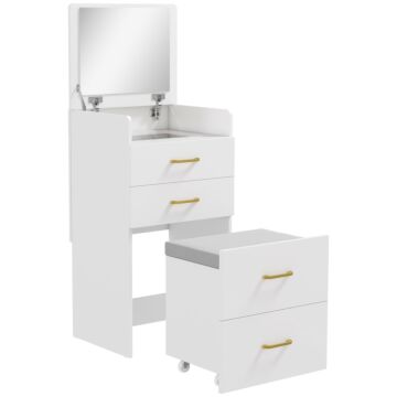 Homcom 3 In 1 Dressing Table With Flip-top Mirror And Rolling Stool, Modern Vanity Desk With Visible Glass Tabletop, Drawers And Side Hook, Makeup Table With Cushioned Storage Stool For Bedroom, White