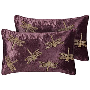 Set Of 2 Decorative Cushions Purple Velvet 30 X 50 Cm Animal Pattern Dragonfly Motif Modern Glamour Living Room Bedroom Pillow Beliani