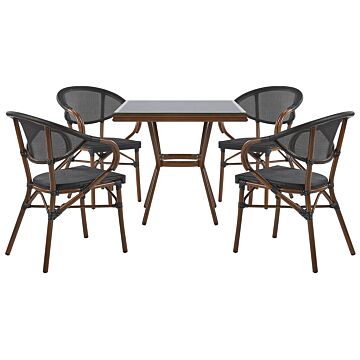 4 Seater Garden Dining Set Dark Wood Aluminium Frame Square Table And Black Stacking Chairs Beliani