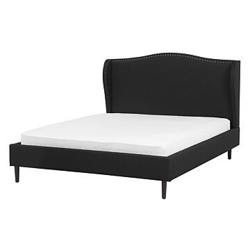 Bed Frame Black Fabric Upholstery Dark Wood Legs Eu Double Size 4ft6 Retro Beliani